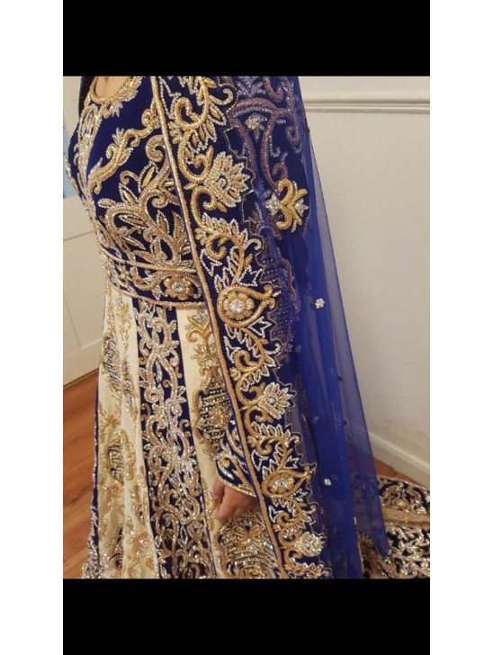 ROYAL BLUE AND GOLDEN HEAVY EMBROIDERED BRIDAL WEAR GOWN