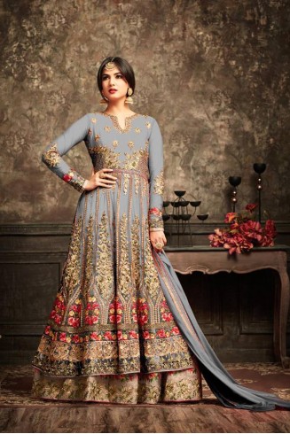  Grey Gold Wedding Bridal Gown Anarkali Long Indian Dress