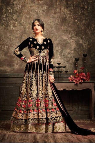 Black and Gold Wedding Wear Bridal Gown Anarkali Indian Long Dress