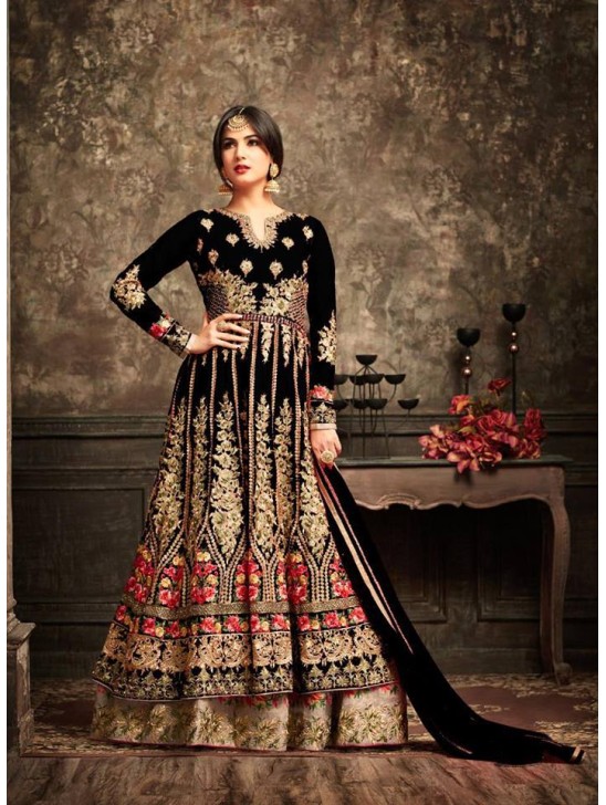 Black and Gold Wedding Wear Bridal Gown Anarkali Indian Long Dress