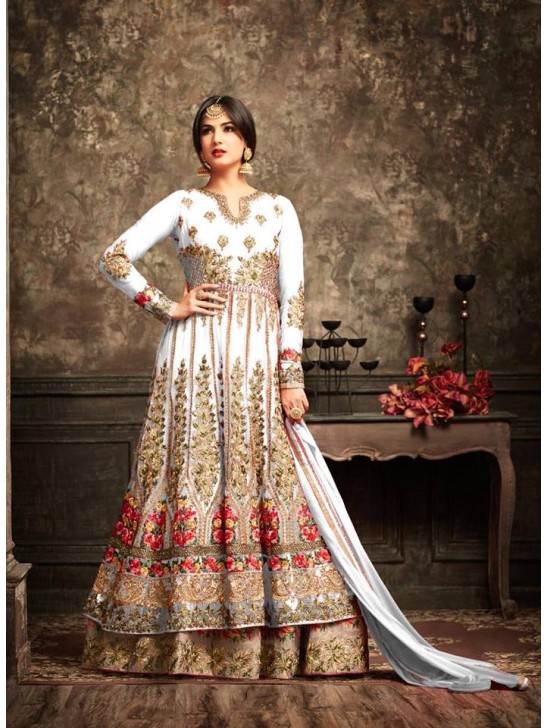 White and Gold Wedding Wear Bridal Gown Anarkali Indian Long Dress