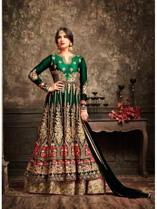 Green and Gold Wedding Wear Bridal Gown Anarkali Indian Long Dress