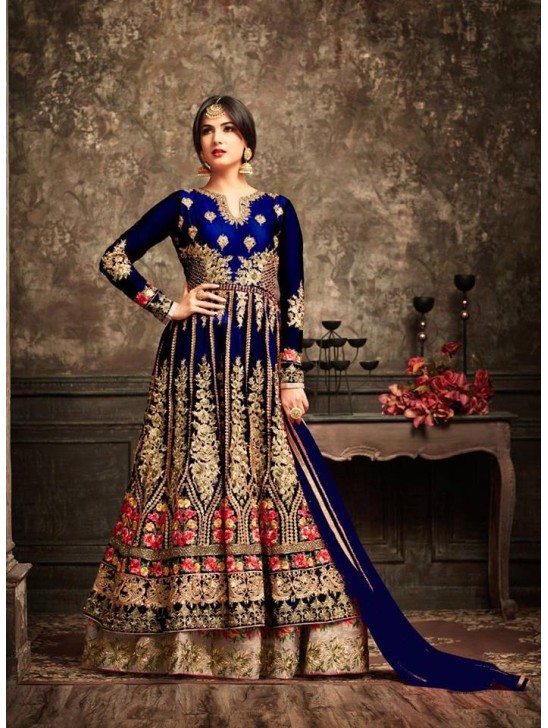 Sailor Blue and Gold Wedding Wear Bridal Gown Anarkali Long Indian Dress