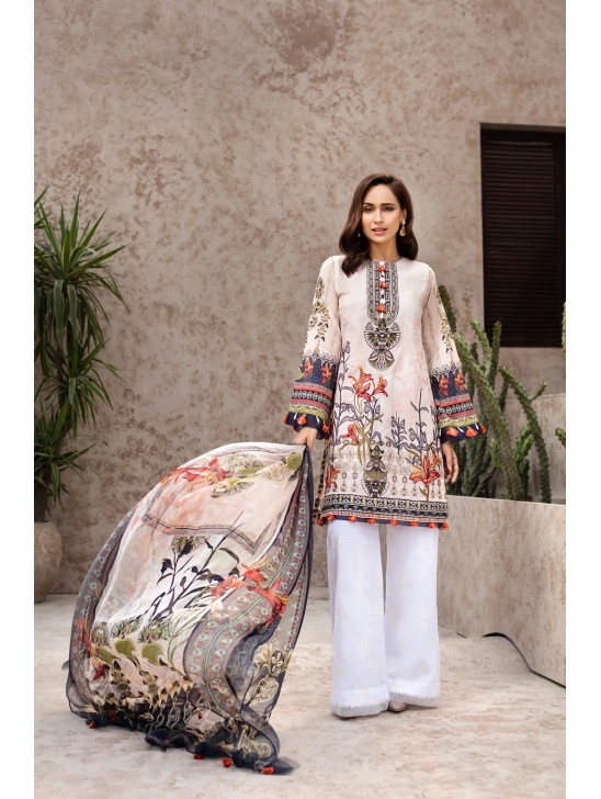 Peach Printed & Embroidered Lawn Readymade Suit  MEDIUM