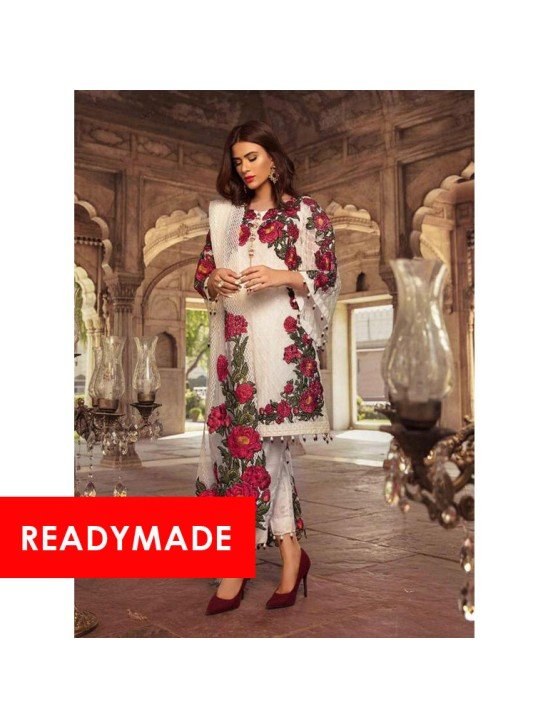 WHITE ROSE MOTIF FOX GEORGETTE READYMADE SUIT