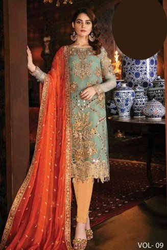 Orange Peel & Green Pakistani Designer Salwar Kameez