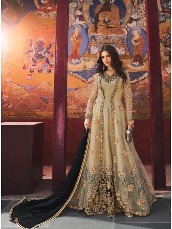 Beige Indian Designer Heavy Party Wear Anarkali Dress
