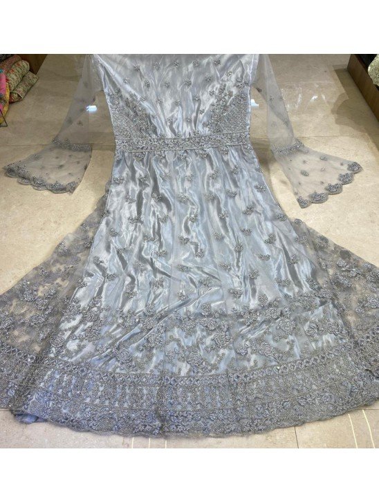 Silver Grey Heavy Embellished & Embroidered Indian Wedding Gown