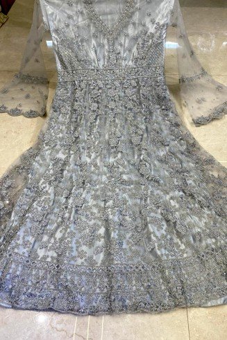 Silver Grey Heavy Embellished & Embroidered Indian Wedding Gown