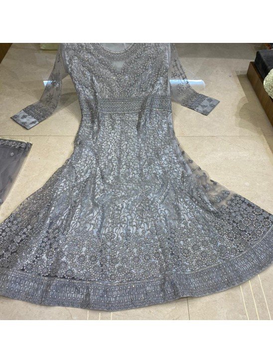 Grey Indian Designer Heavy Embroidered Wedding Gown