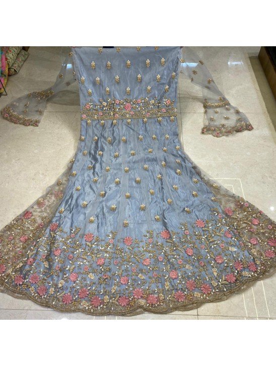 Sky Blue Indian Designer Heavy Embroidered Wedding Gown