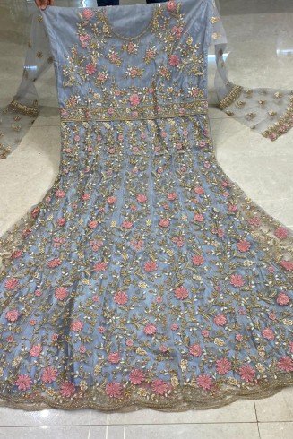 Sky Blue Indian Designer Heavy Embroidered Wedding Gown