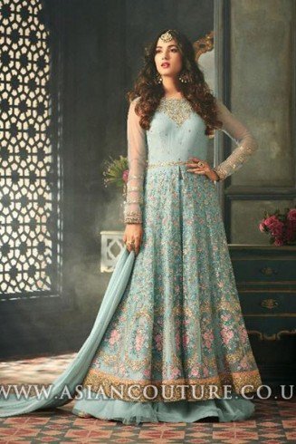 Sky Blue Indian Party Wear Asian Anarkali Wedding Bridal Gown Dress