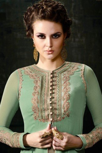 BROWN AND GREEN MUGDHA GEORGETTE ANARKALI JACKET STYLE SUIT