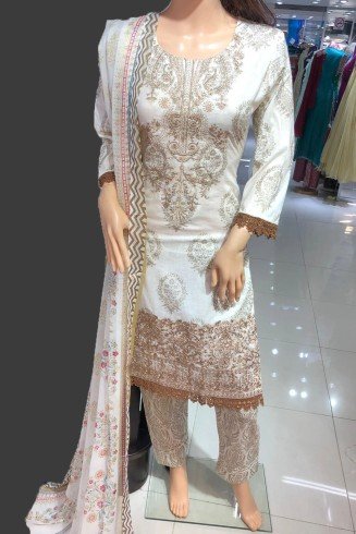 Cream Pakistani Designer Readymade Embroidered Lawn Salwar Kameez