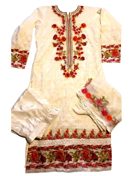 OFF WHITE INDIAN PAKISTANI STYLE READYMADE SALWAR SUIT