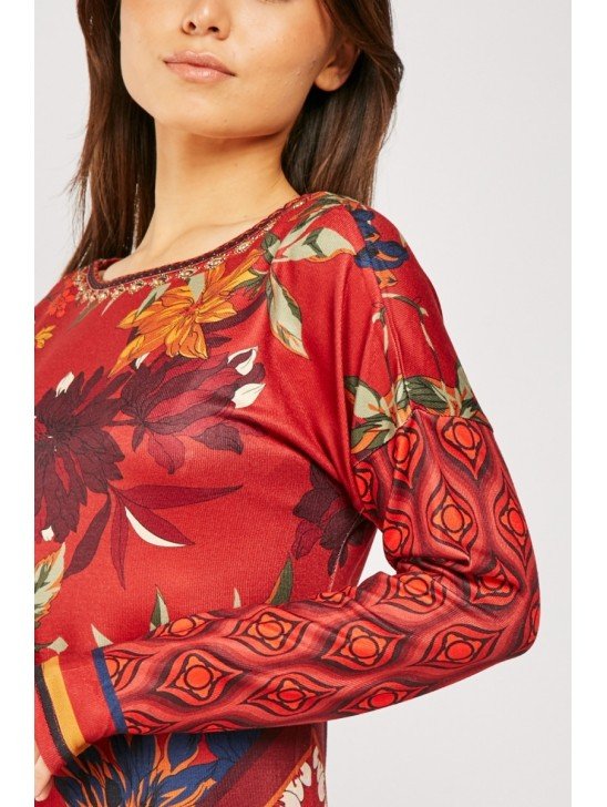 Red Floral Printed Midi Dress