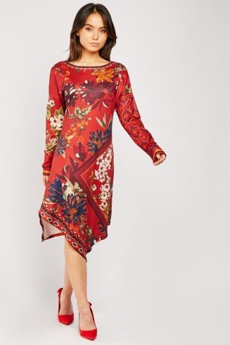 Red Floral Printed Midi Dress