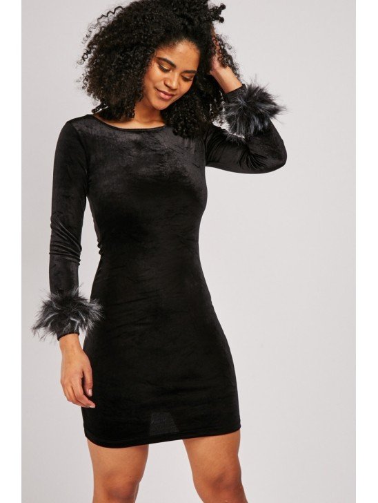 Black Fur Trim Velveteen Midi Dress