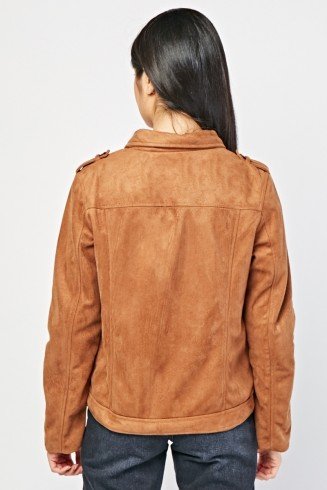 BROWN FRONT POCKET STYLE SUEDETTE JACKET FOR LADIES
