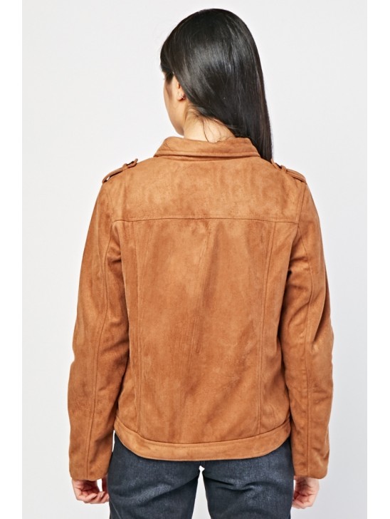 BROWN FRONT POCKET STYLE SUEDETTE JACKET FOR LADIES