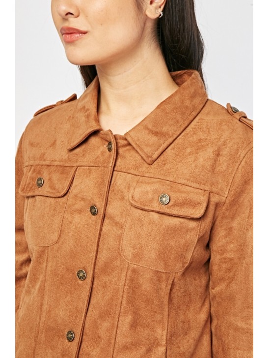 BROWN FRONT POCKET STYLE SUEDETTE JACKET FOR LADIES