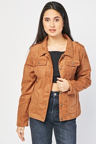 BROWN FRONT POCKET STYLE SUEDETTE JACKET FOR LADIES