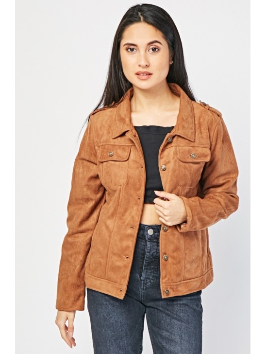 BROWN FRONT POCKET STYLE SUEDETTE JACKET FOR LADIES