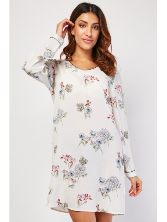 White Floral Printed Summer Wear Tunic Dress