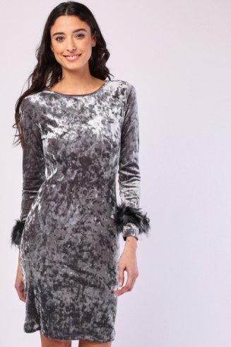 Silver Grey Velvet Midi Dress Party Outfit