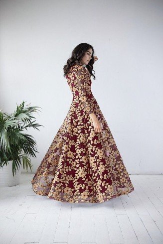 GORGEOUS MAROON HEAVY EMBROIDERED FLOOR LENGTH READY MADE GOWN