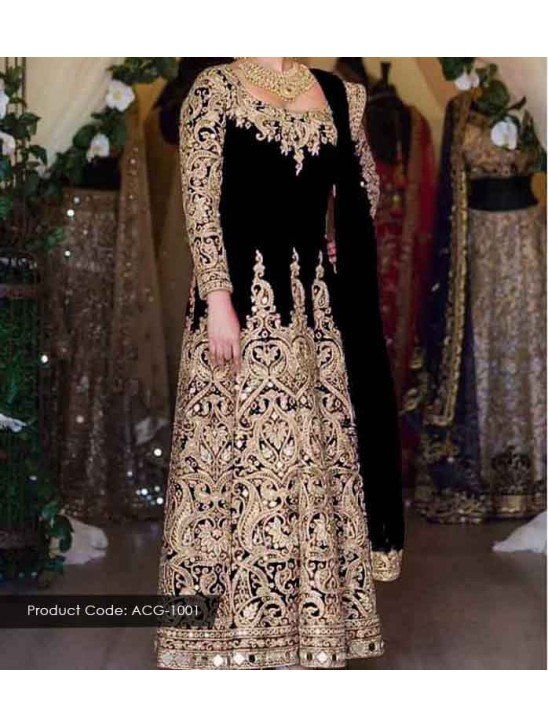 BLACK HEAVY EMBROIDERED DESIGNER WEDDING GOWN