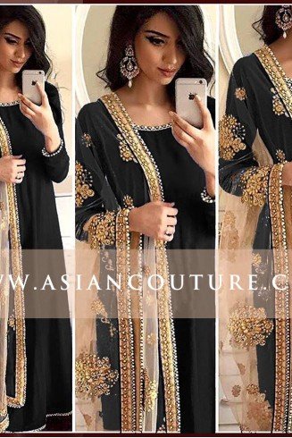 RUMENA BEGUM BLACK ANARKALI DRESS WITH EMBROIDERED DUPATTA 