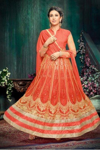 Orange Ethnic Anarkali Dress Bollywood Karishma Kapoor Indian Outfit
