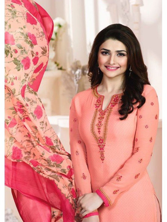 KS-5376 PEACH KASEESH SILKINA FRENCH CREPE PARTY WEAR SUIT