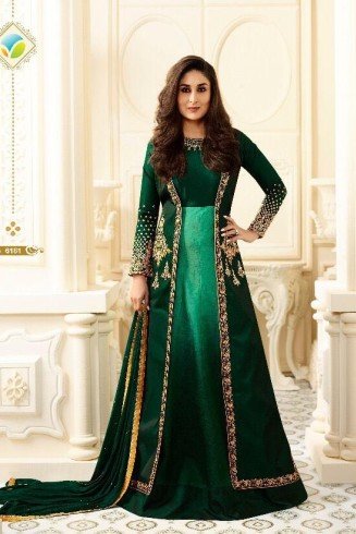 Green Embroidered Anarkali Jacket Gown Indian Ethnic Wedding Dress