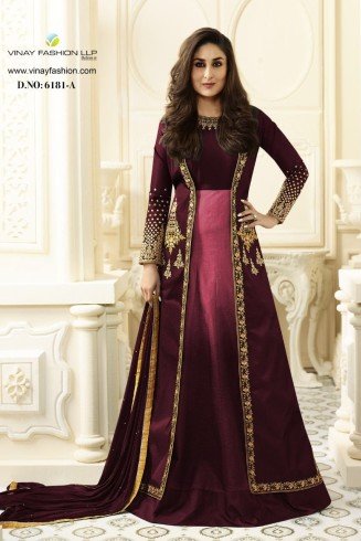 Plum Embroidered Anarkali Jacket Suit Indian Evening Dress