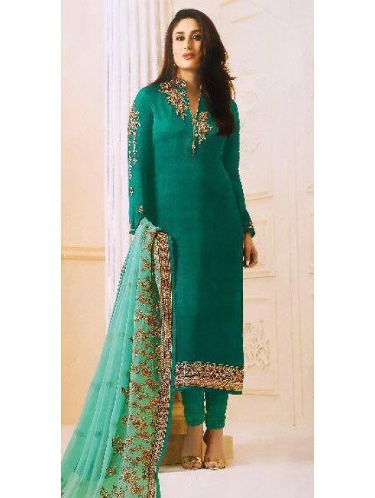 ULTRAMARINE GREEN SATIN GEORGETTE SUIT WITH HEAVY WORK DUPATTA