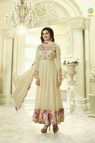 Beautiful Cream Embroidered Anarkali Suit Indian Gown