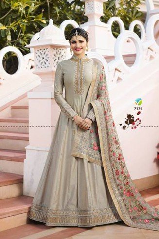 Silver Silk Designer Embroidered Suit Indian Wedding Anarkali Dress