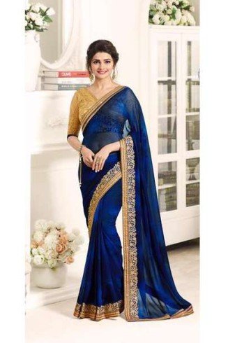 Blue Gold Designer Saree Indian Wedding Wear