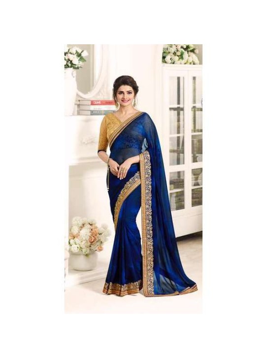 Blue Gold Designer Saree Indian Wedding Wear