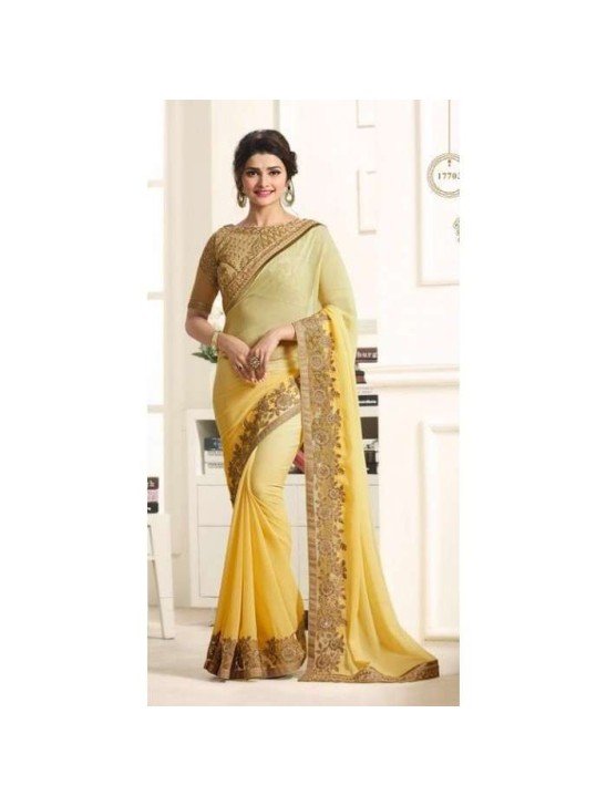 Yellow Saree With Contrast Cream Blouse