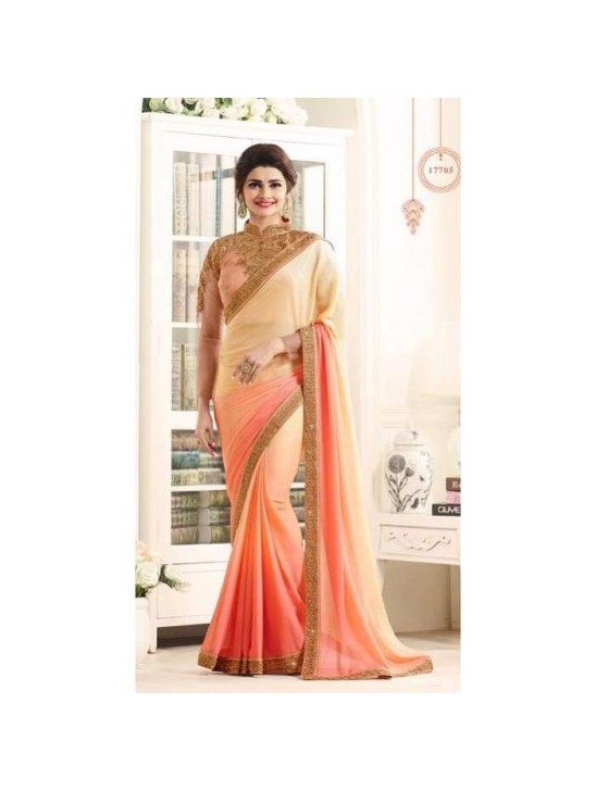 Peach Saree In Contrast Cream Designer Fabric