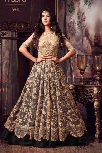 Beige & Black Bridesmaid Dress Pakistani Designer Long Frock Suit