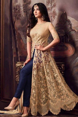 Blue & Gold Anarkali Gown Elegant Wedding Dress