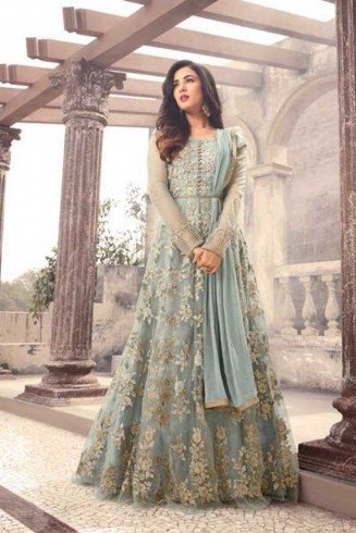 Mint Heavy Embroidered Gown Fancy Anarkali Dress