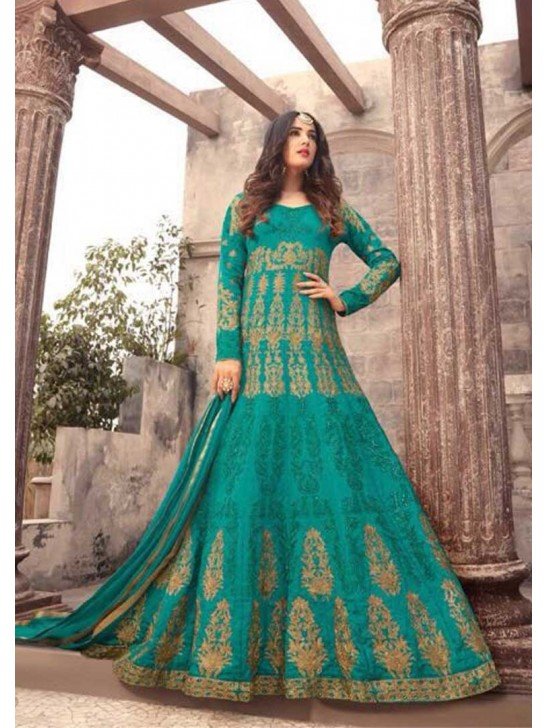Teal Green Embroidered Anarkali Gown Pakistani Wedding Dress