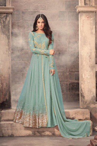 Turquoise Net Anarkali Gown Latest Indian Designer Wear