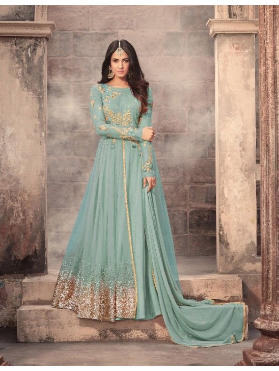 Turquoise Net Anarkali Gown Latest Indian Designer Wear